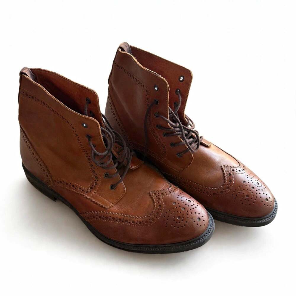 Stafford Brown Leather Wingtip Brogue Lace-Up Ankle Boots Men's 9.5 M